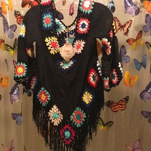 Boho Black Fringed Top Crocheted Flowers